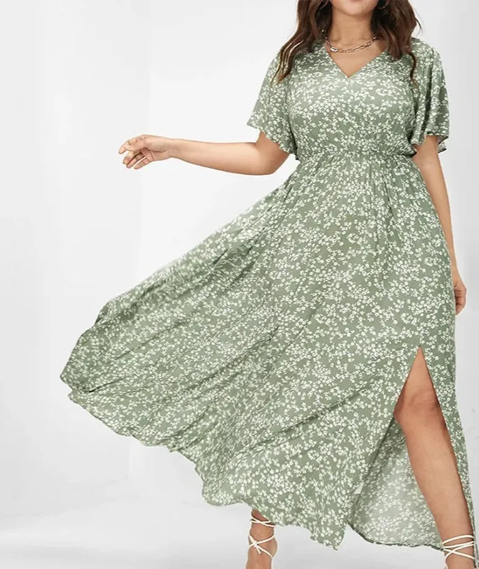 European And American Ladies Bohemian Style Floral Tight Waist Dress - Light Green