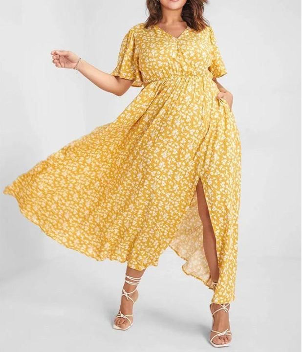 European And American Ladies Bohemian Style Floral Tight Waist Dress Yellow - Shop at LoveMi