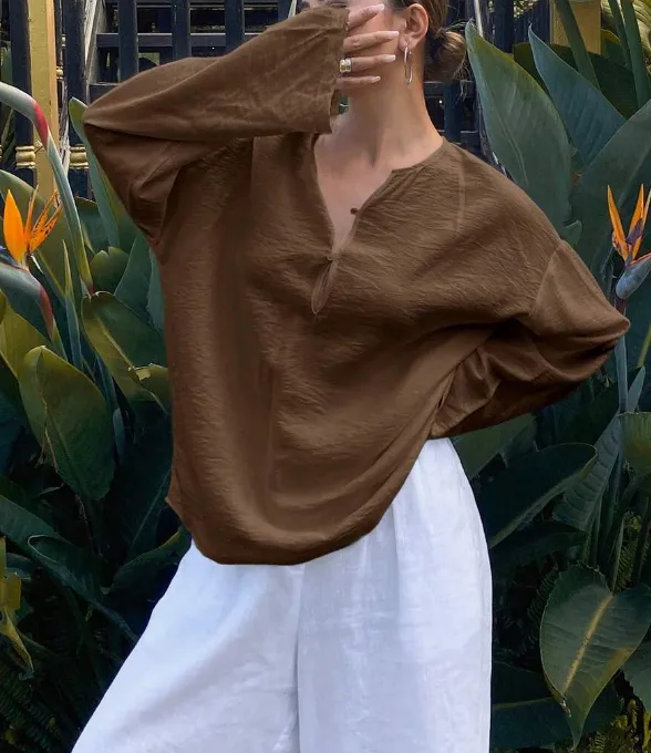 Round Neck Casual Summer Shirt For Women Coffee - Shop at LoveMi