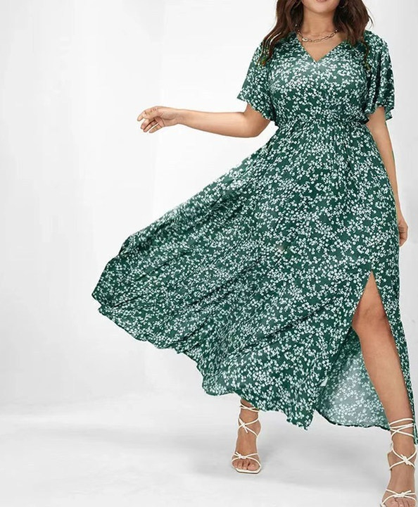 European And American Ladies Bohemian Style Floral Tight Waist Dress Green - Shop at LoveMi
