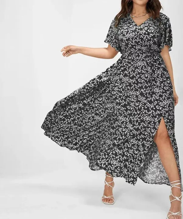 European And American Ladies Bohemian Style Floral Tight Waist Dress Black - Shop at LoveMi