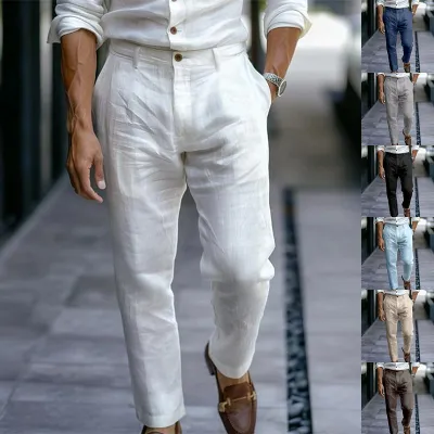 Men's Linen Trousers Solid Color Breathable Casual Pants Outdoor Clothing