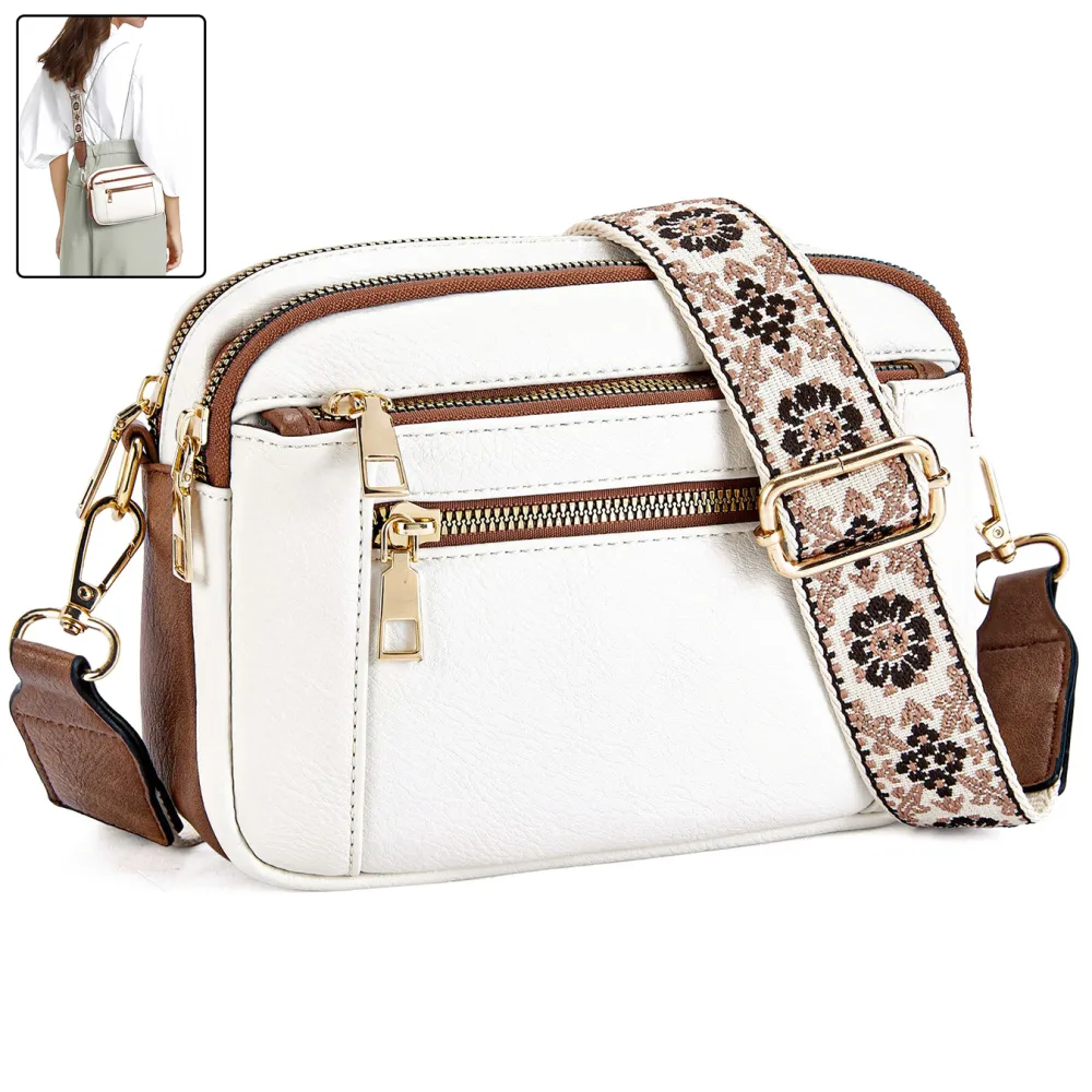 Triple-zipper Shoulder Bag with Floral Embroidered Straps Fashion Colorblock