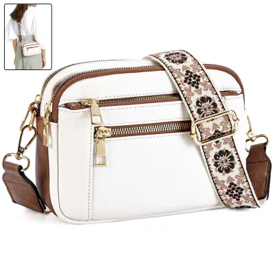 Triple-zipper Shoulder Bag With Floral Embroidered Straps Fashion Colorblock Multi-functional Crossbody Bags For Women