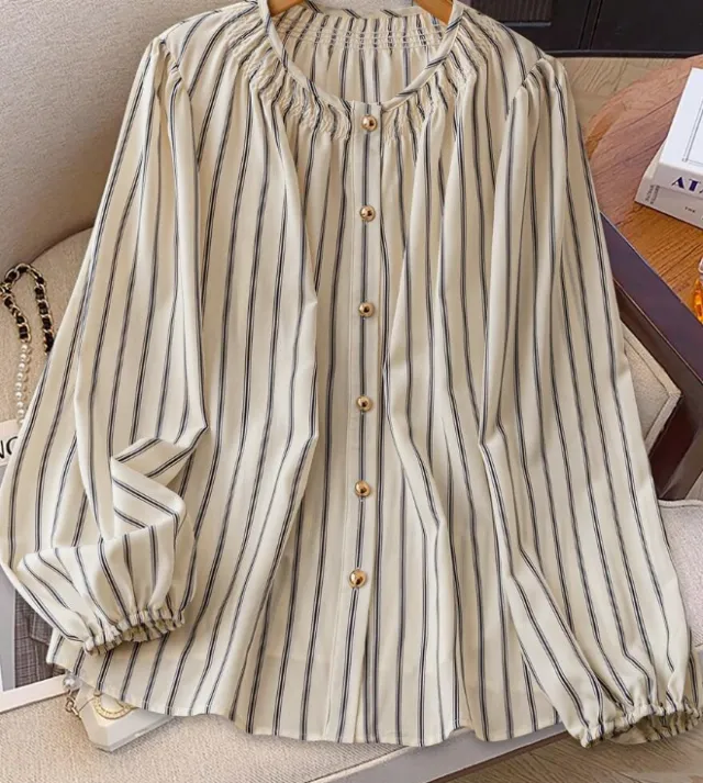 Women's French Striped Smoked Round Neck Bubble Sleeves Beige - Shop at LoveMi