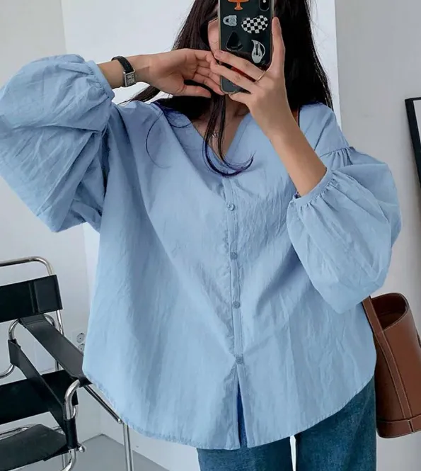 Women's Fashion Loose Full Color Solid Color Shirt Sky Blue - Shop at LoveMi