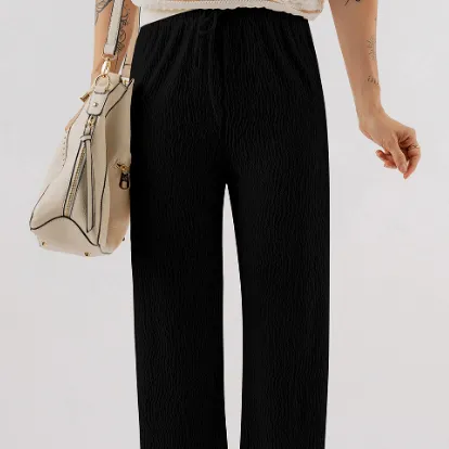 Black Textured Loose Drawstring Pants Black - Shop at LoveMi