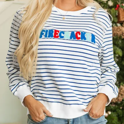 Embroidered Sweatshirt With Blue Stripes And Chenille Blue Stripe - Shop at LoveMi