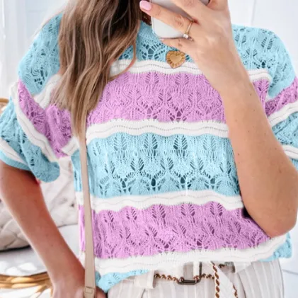 Purple Stripe Color Block Hollow Out Crochet Half Sleeve Sweater Purple Stripe - Shop at LoveMi