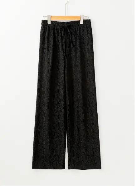 Black Textured Loose Drawstring Pants