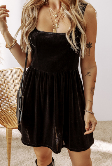 Black Velvet Square Neck Sleeveless High Waist Mini Dress With Pockets