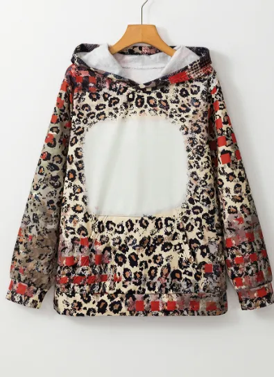 Brown Leopard Plaid Bleached Print Kangaroo Pocket Hoodie Brown - Shop at LoveMi