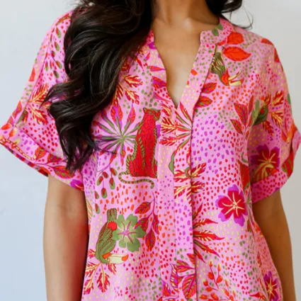 Rose Jungle Floral Print Notch V Neck Blouse Rose - Shop at LoveMi