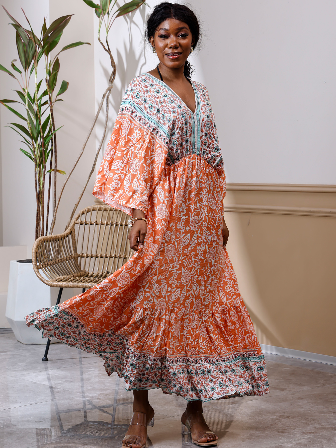 V-neck Beach Vacation Bat Sleeve Bohemian Dress