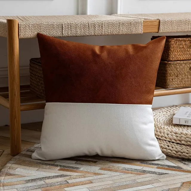 PU Stitching Cotton Canvas Double Stitching Leather Sofa Cushion Cover Brown - Shop at LoveMi