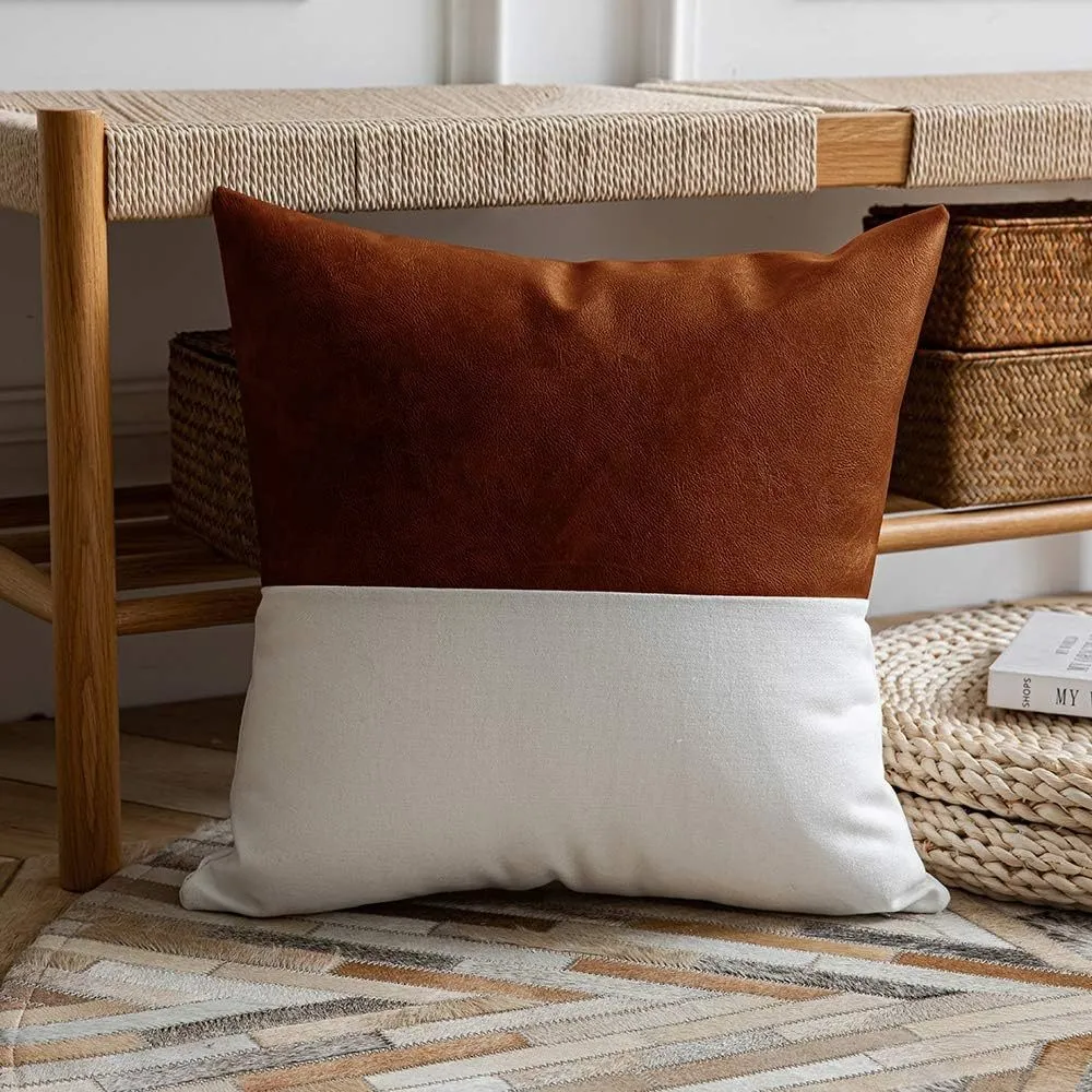 PU Stitching Cotton Canvas Double Stitching Leather Sofa Cushion Cover - Brown