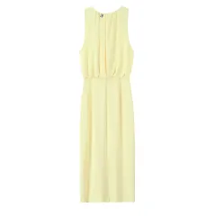 European And American Style French Pleated Decorative Silk Satin Texture Midi Skirt Dress - Yellow - View 1
