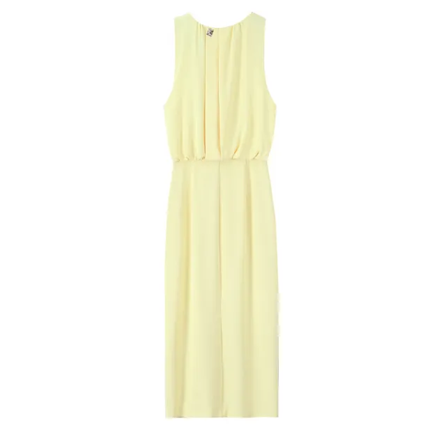 European And American Style French Pleated Decorative Silk Satin Texture Midi Skirt Dress Yellow - Shop at LoveMi