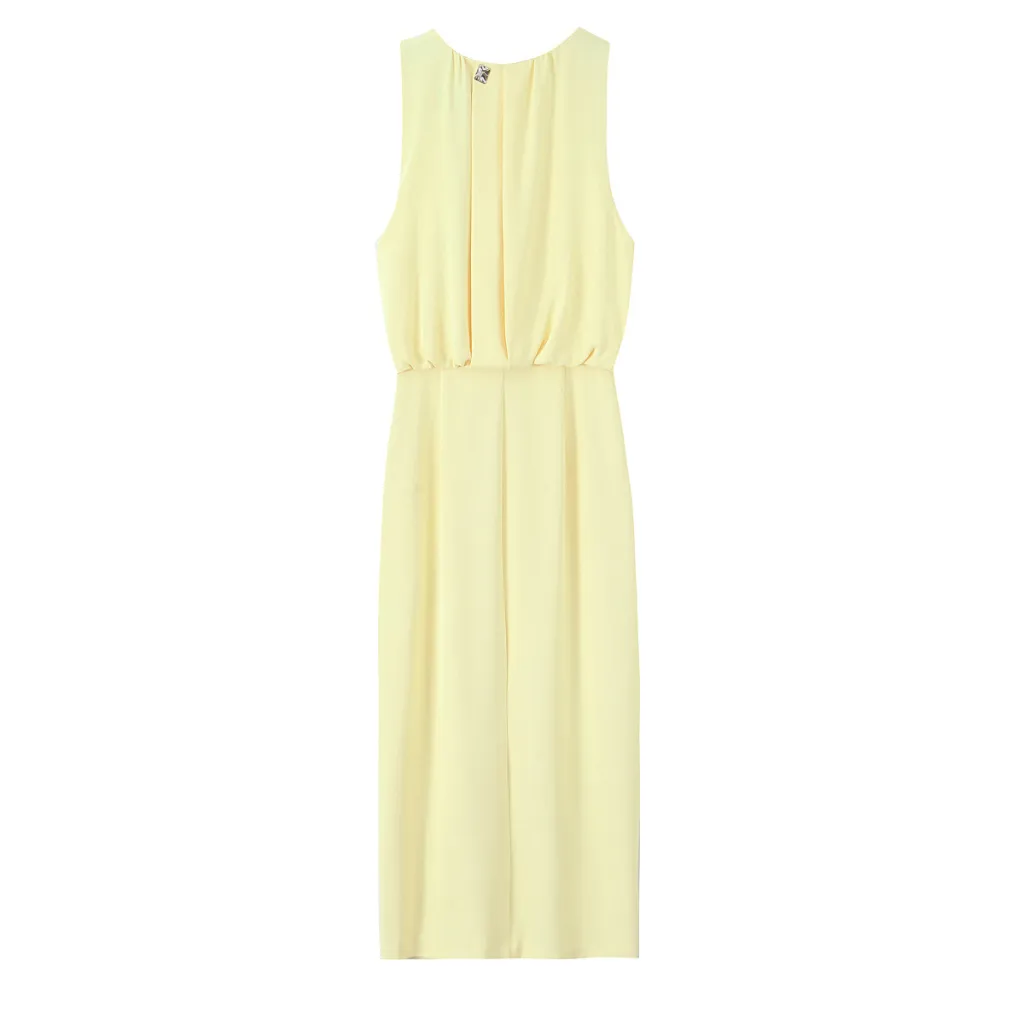 European And American Style French Pleated Decorative Silk Satin Texture Midi Skirt Dress - Yellow
