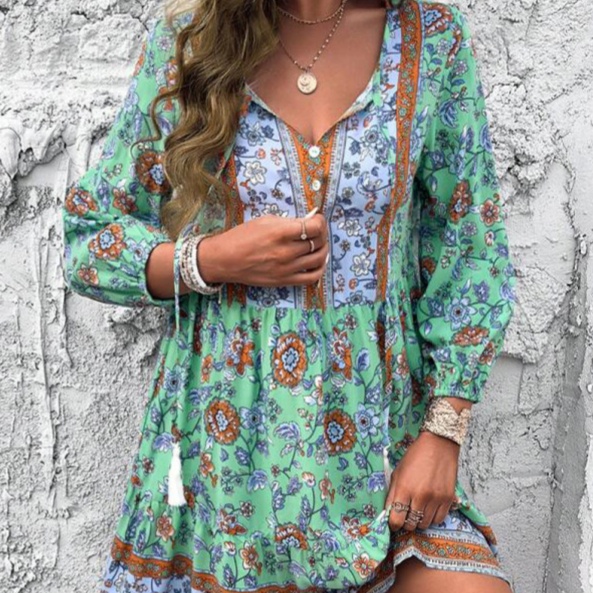 V-neck Neck Long Sleeve Printed Tape Belt Skirt
