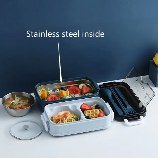MultilayerLlunch Box Bento Box Plastic Office Car Available - Stainless Steel Blue