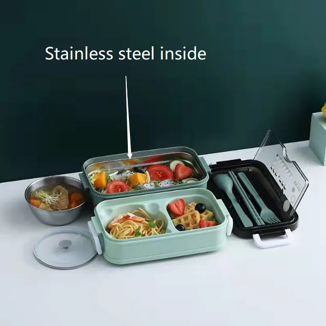 MultilayerLlunch Box Bento Box Plastic Office Car Available - Stainless Steel Green