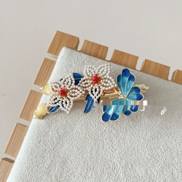 Antique Burning Blue Auspicious Cloud Pearl Butterfly Barrettes Fringed Headwear Flower Butterfly - Shop at LoveMi