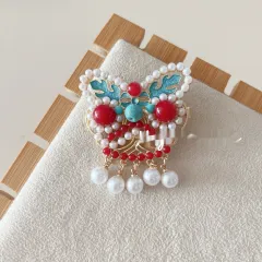 Antique Burning Blue Auspicious Cloud Pearl Butterfly Barrettes Fringed Headwear - Xingshi Tassel - View 1