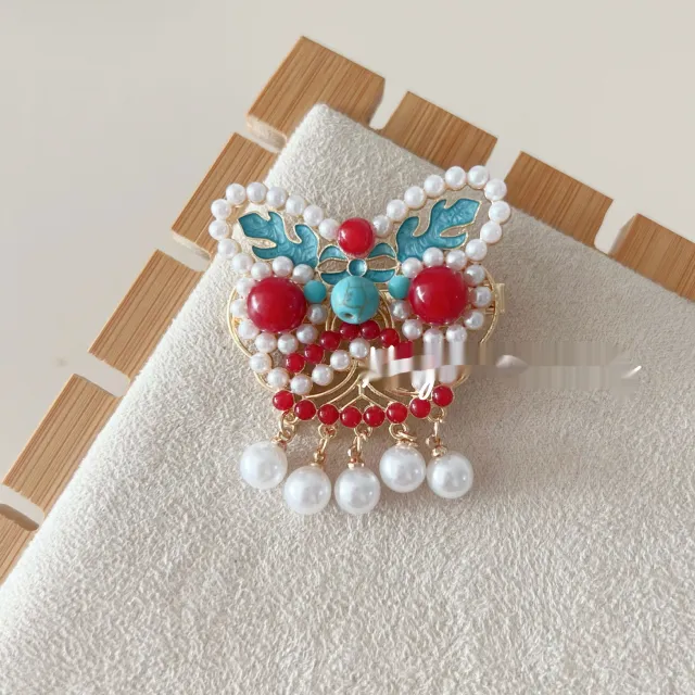 Antique Burning Blue Auspicious Cloud Pearl Butterfly Barrettes Fringed Headwear Xingshi Tassel - Shop at LoveMi