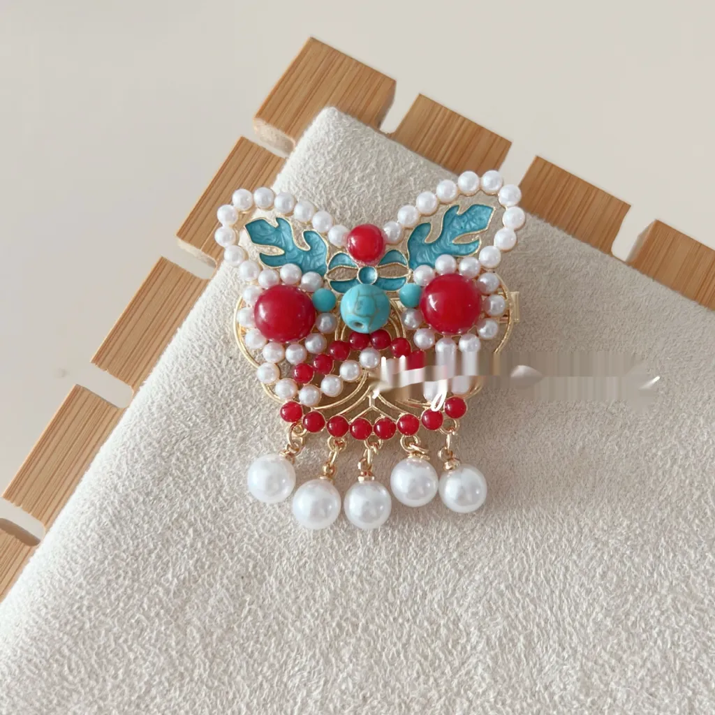 Antique Burning Blue Auspicious Cloud Pearl Butterfly Barrettes Fringed Headwear - Xingshi Tassel