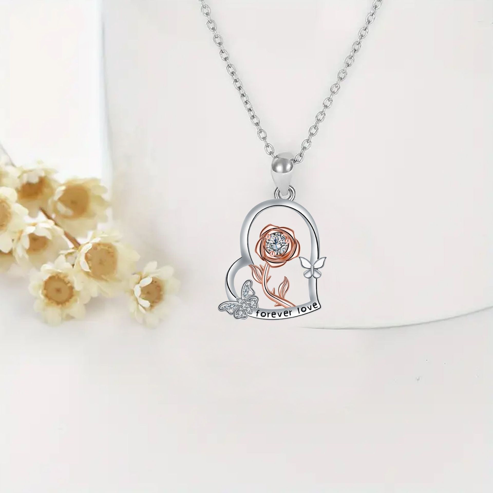 Heart-shaped Rose Pendant Butterfly Necklace