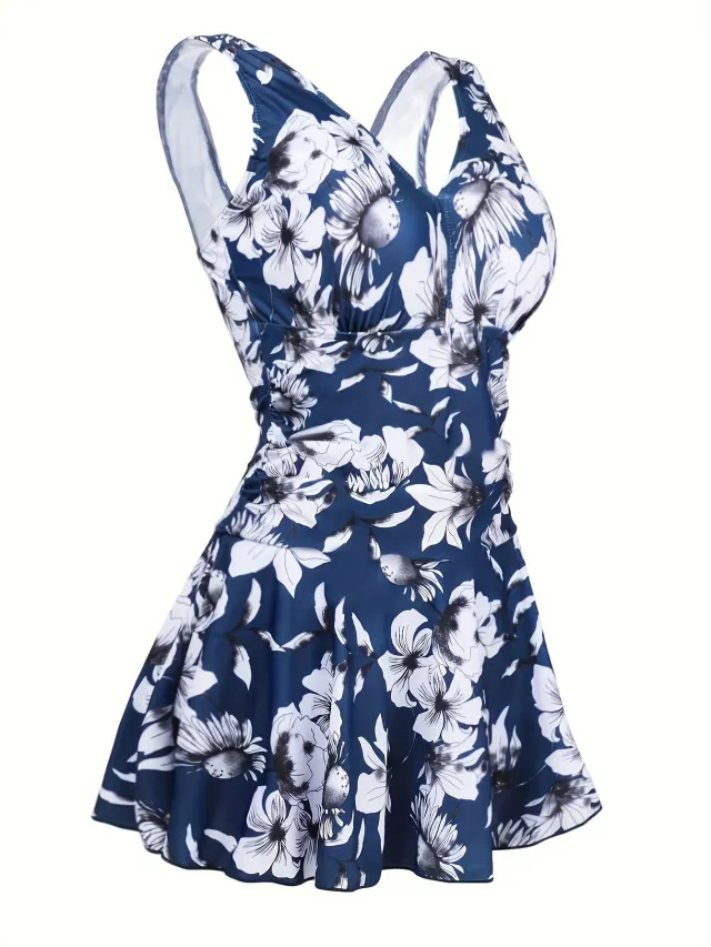 Printed Backless Siamese Swimsuit V neck Blue - Shop at LoveMi