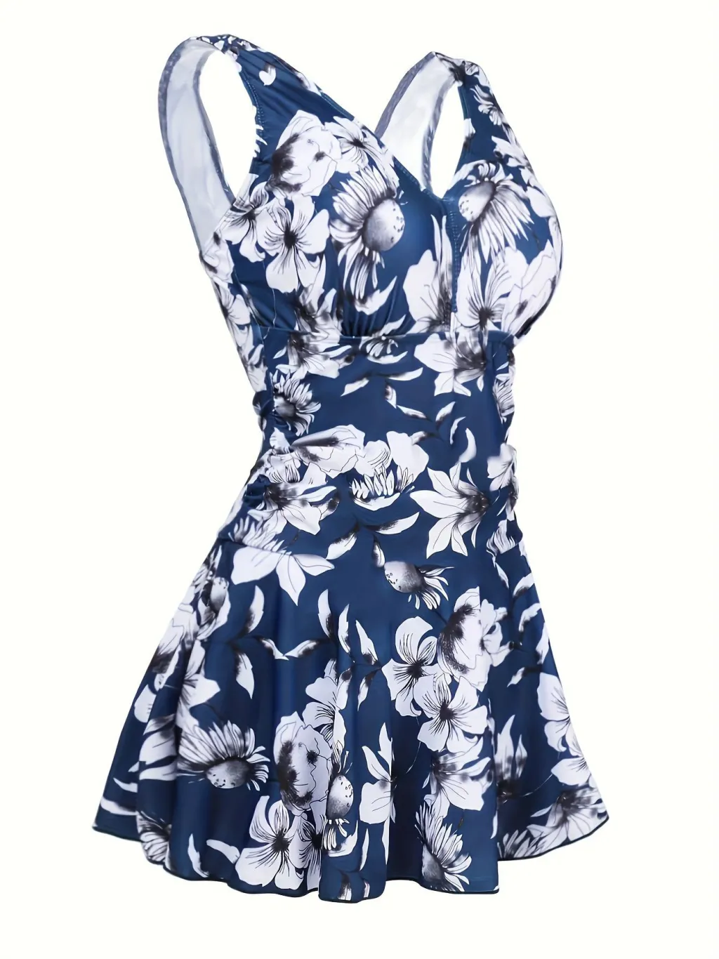 Printed Backless Siamese Swimsuit V-neck - Blue