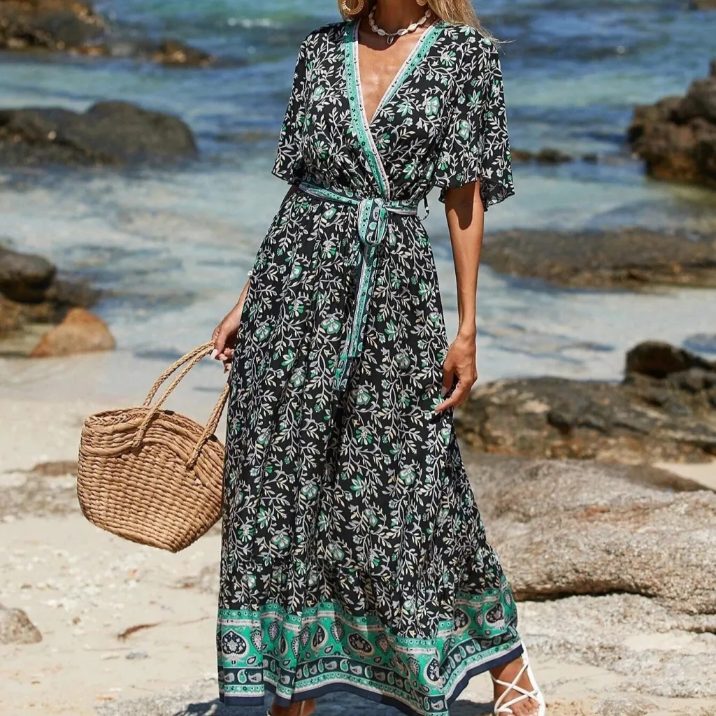 Women's Clothing Lace Printing Bohemian Dress - Black