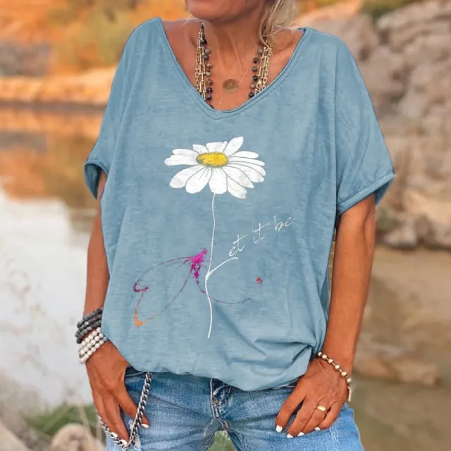 Loose V neck Short Sleeve Digital Printed T shirt Dzkh23330015 - Shop at LoveMi