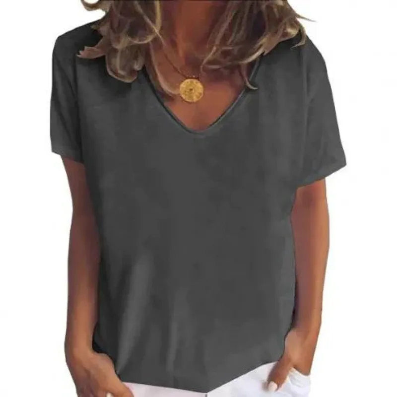 Loose V-neck Short Sleeve Digital Printed T-shirt - Dzkh23330017