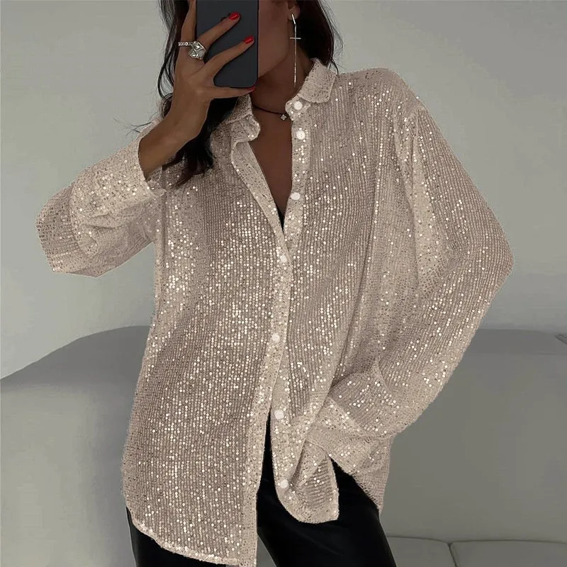 Sequin Lapel Long Sleeve Shirt - Silver