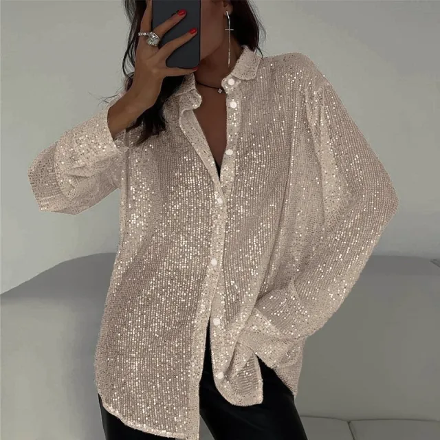Sequin Lapel Long Sleeve Shirt Silver - Shop at LoveMi