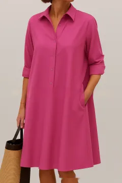 Women's Fashion Loose Solid Colour Dress - Rose Red - View 1