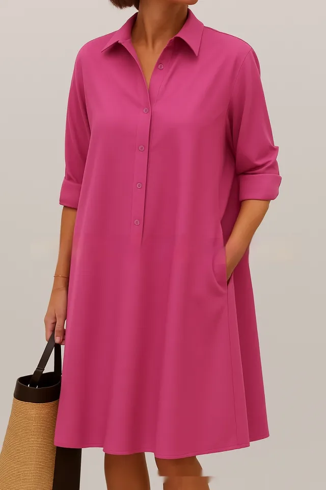 Women's Fashion Loose Solid Color Dress Rose Red - Shop at LoveMi