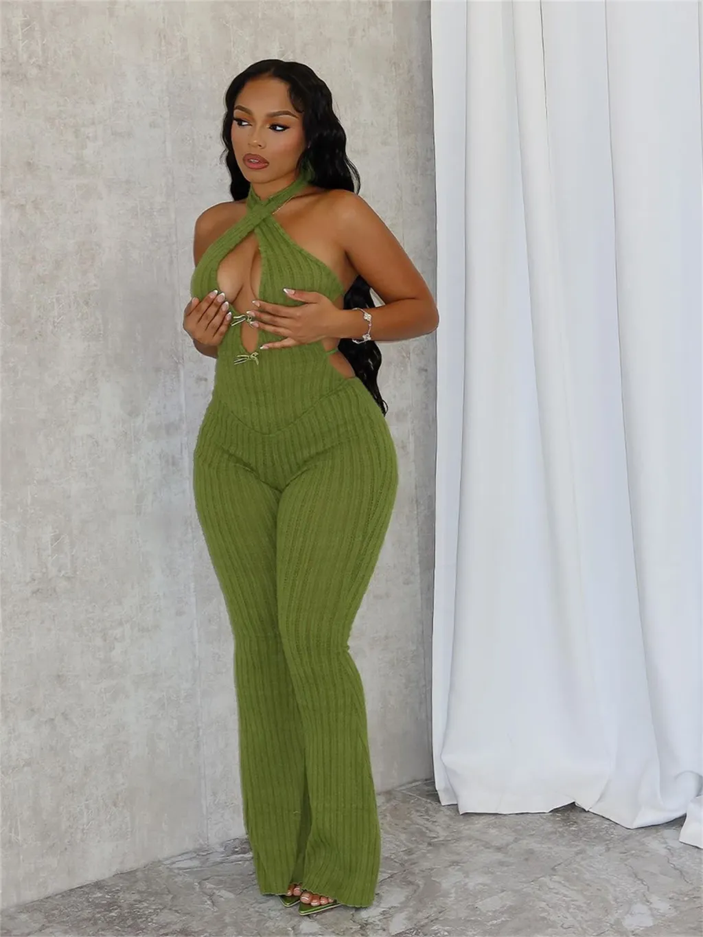 Halter Slim Fit Lace-up Backless Sexy Jumpsuit Women - Green