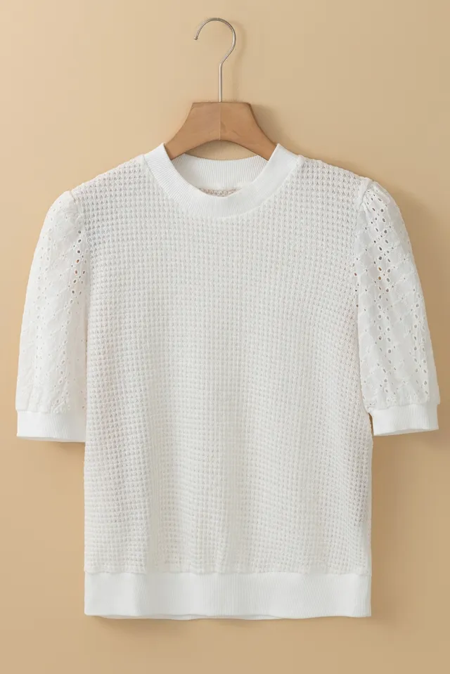 White Broderie Anglaise Puff Sleeve Waffle Knit Tee White - Shop at LoveMi