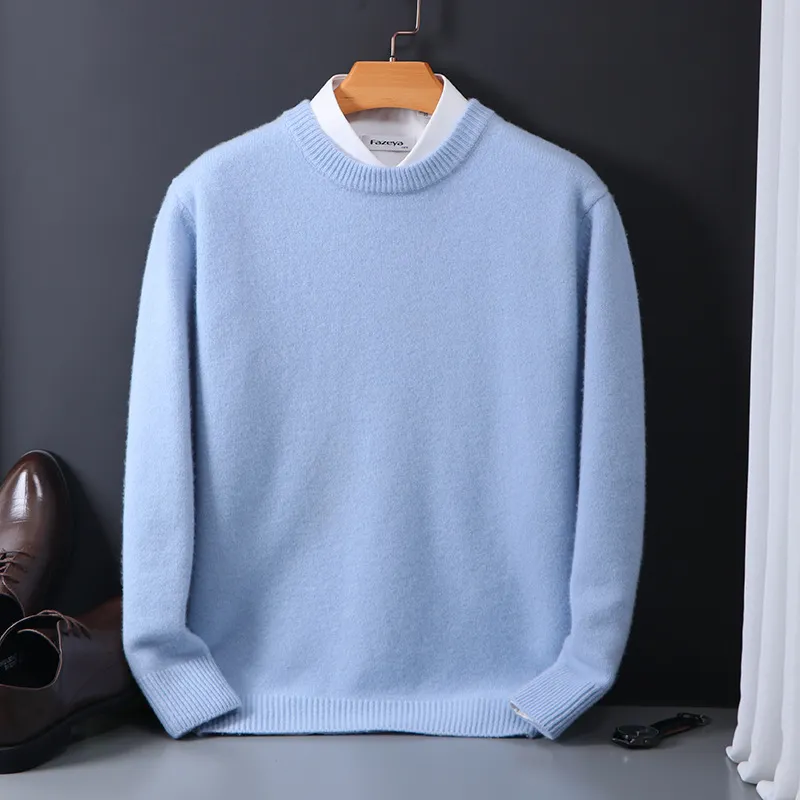 Pure Wool Sweater Men's Round Neck Pullover - Sky Blue
