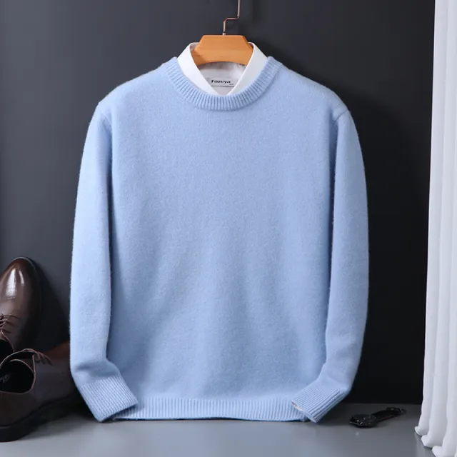 Pure Wool Sweater Men's Round Neck Pullover Sky Blue - Shop at LoveMi