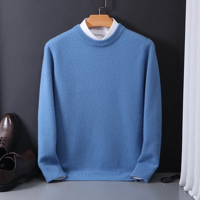 Pure Wool Sweater Men's Round Neck Pullover - Baby Blue