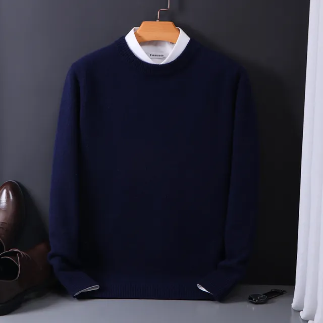 Pure Wool Sweater Men's Round Neck Pullover Dark Blue - Shop at LoveMi