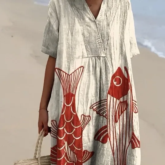 Plus Size Women's Blouse Short Sleeve Dress Creative Fish Pattern Vacation Style Dress Factory Color 2 Style Xxl - Shop at LoveMi