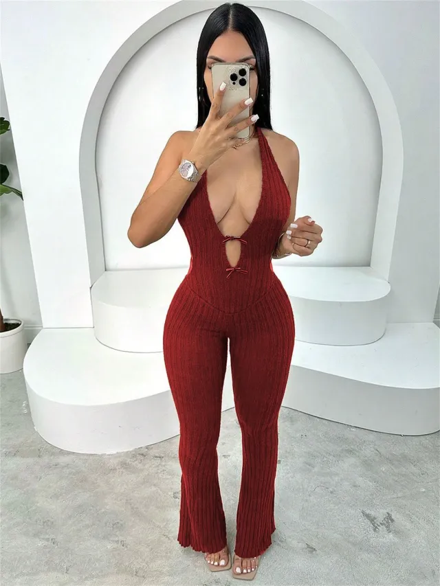 Halter Slim Fit Lace up Backless Sexy Jumpsuit Women Red - Shop at LoveMi