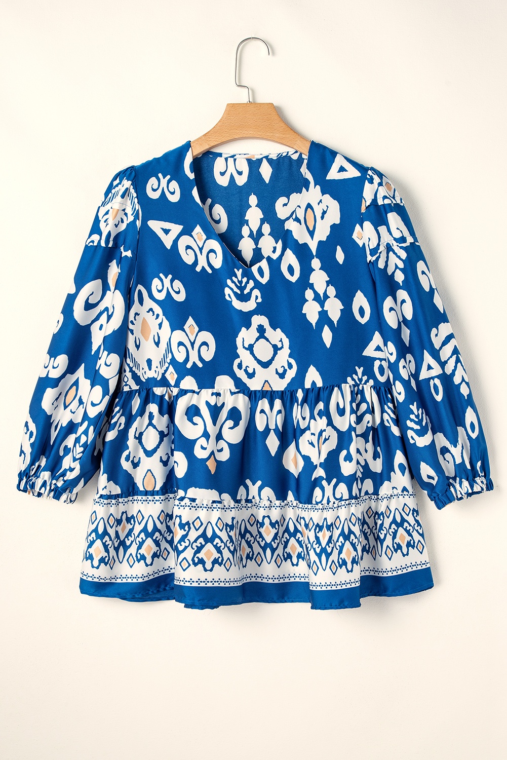 Blue Tribal Geometric Print Sleeve Flowy Fit Blouse