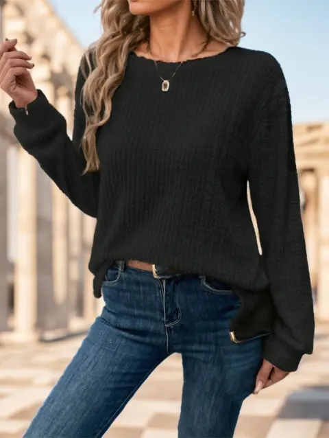 Women Plain Collar Rib Knit Casual Basic T-Shirt Blouse